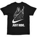 Black t-shirt with a graphic of a skeleton holding a scythe and 'Just Ride' text on a light gray background.
