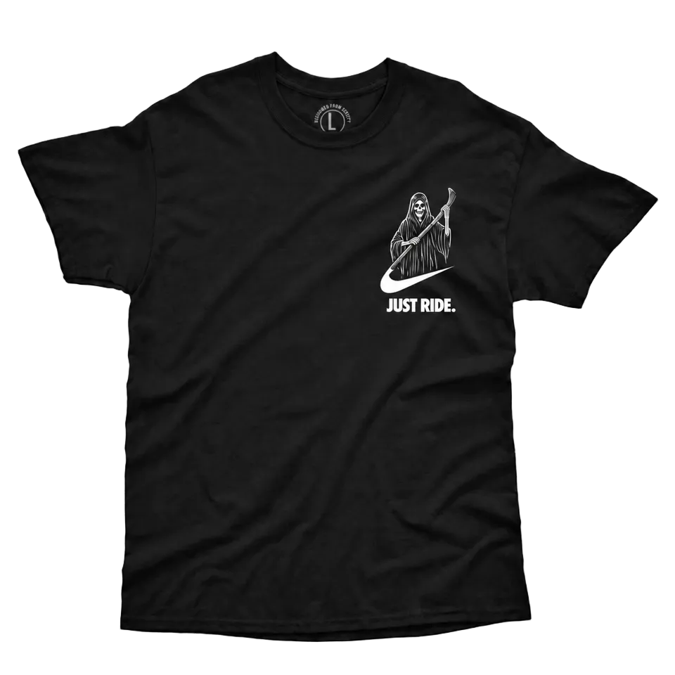 Black t-shirt with a white logo on a light gray background
